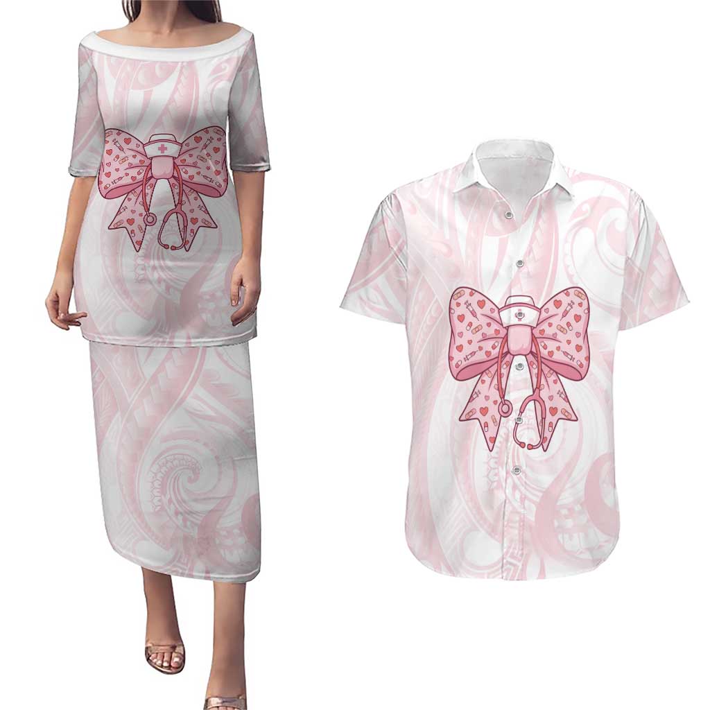 New Zealand Nurses RN Personalised Couples Matching Puletasi and Hawaiian Shirt Pink Stethoscope Coquette Bow Maori Motif LT9 Pink - Polynesian Pride