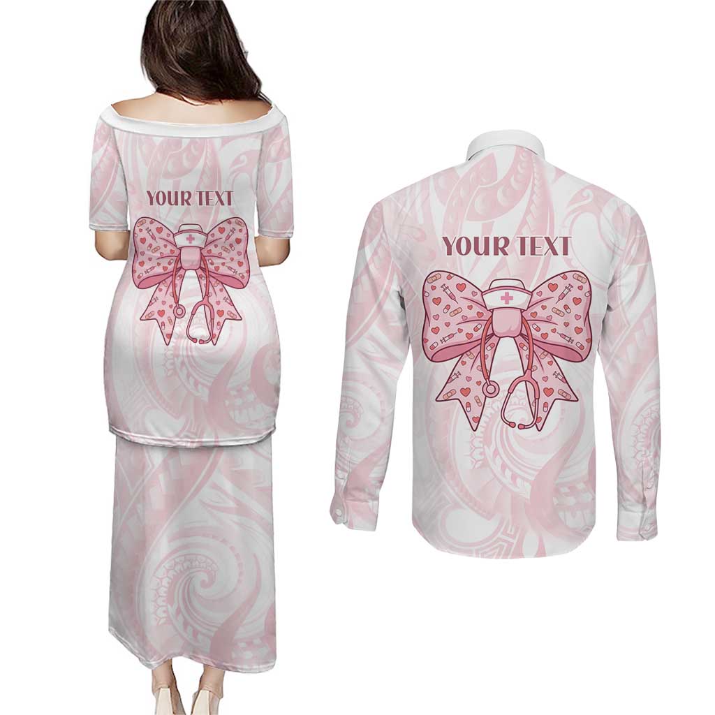 New Zealand Nurses RN Personalised Couples Matching Puletasi and Long Sleeve Button Shirt Pink Stethoscope Coquette Bow Maori Motif LT9 - Polynesian Pride
