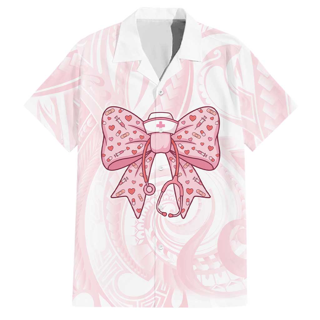 New Zealand Nurses RN Personalised Family Matching Long Sleeve Bodycon Dress and Hawaiian Shirt Pink Stethoscope Coquette Bow Maori Motif LT9 Dad's Shirt - Short Sleeve Pink - Polynesian Pride