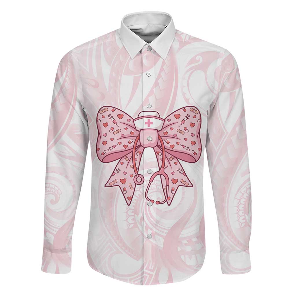 New Zealand Nurses RN Personalised Family Matching Long Sleeve Bodycon Dress and Hawaiian Shirt Pink Stethoscope Coquette Bow Maori Motif LT9 Dad's Shirt - Long Sleeve Pink - Polynesian Pride