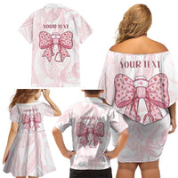 New Zealand Nurses RN Personalised Family Matching Off Shoulder Short Dress and Hawaiian Shirt Pink Stethoscope Coquette Bow Maori Motif LT9 - Polynesian Pride
