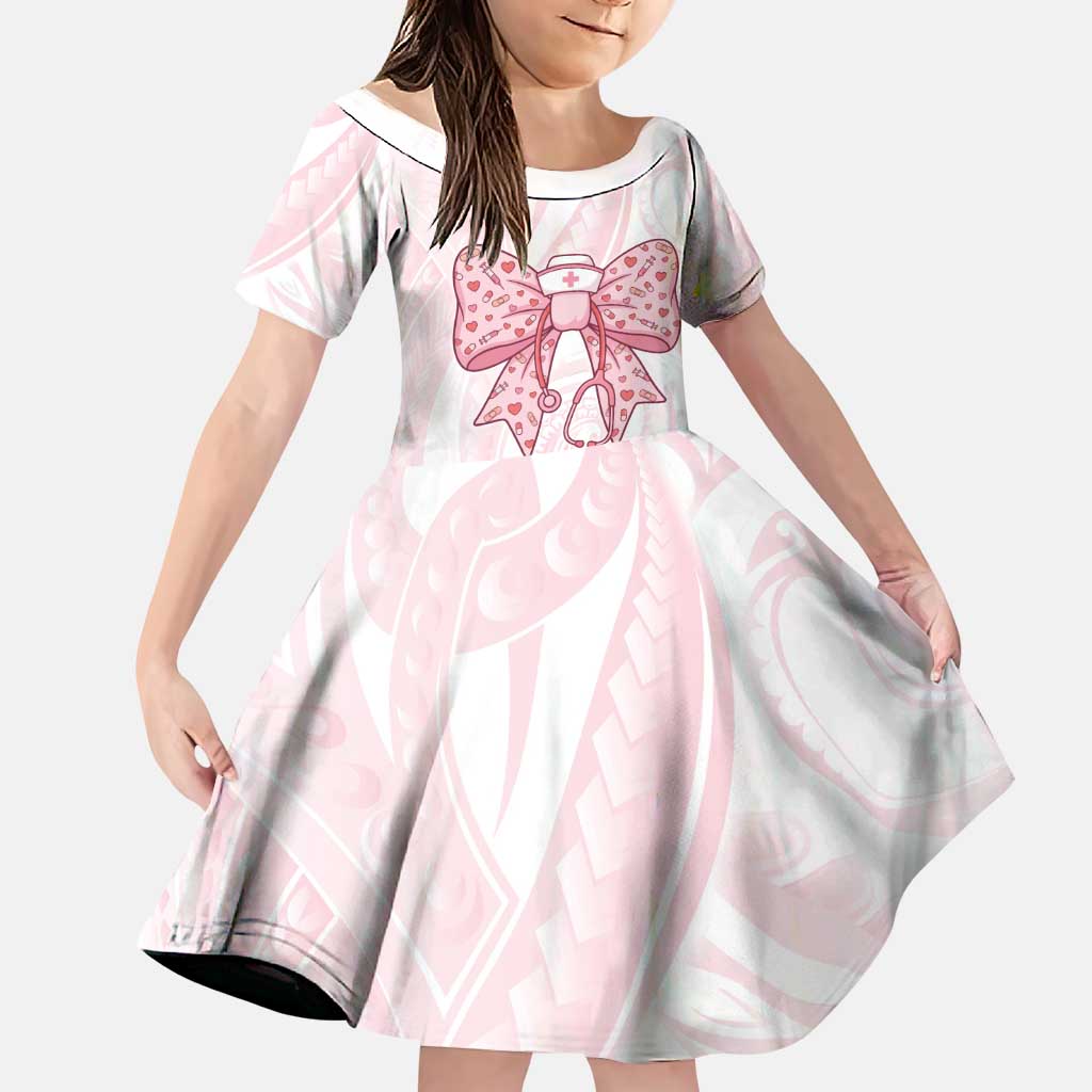 New Zealand Nurses RN Personalised Family Matching Summer Maxi Dress and Hawaiian Shirt Pink Stethoscope Coquette Bow Maori Motif LT9 Daughter's Dress Pink - Polynesian Pride