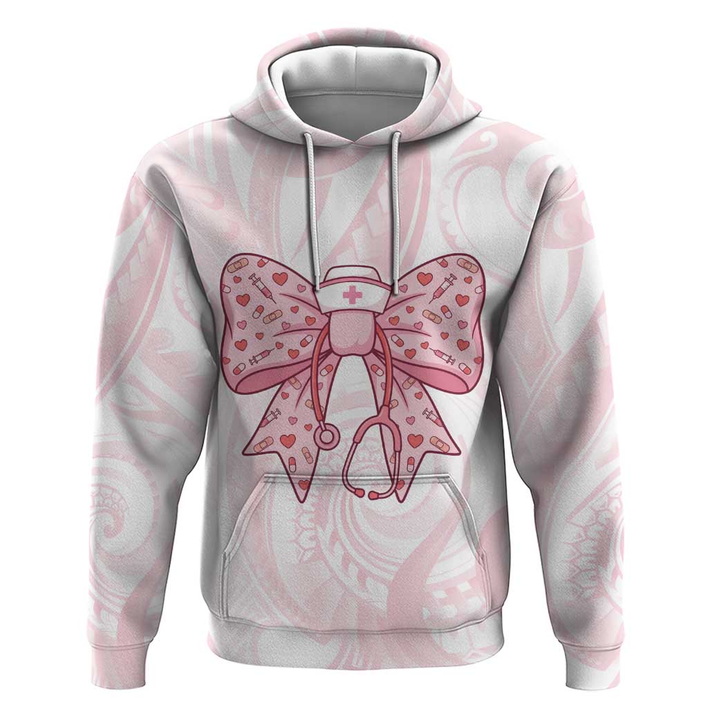 New Zealand Nurses RN Personalised Hoodie Pink Stethoscope Coquette Bow Maori Motif LT9 Pullover Hoodie Pink - Polynesian Pride