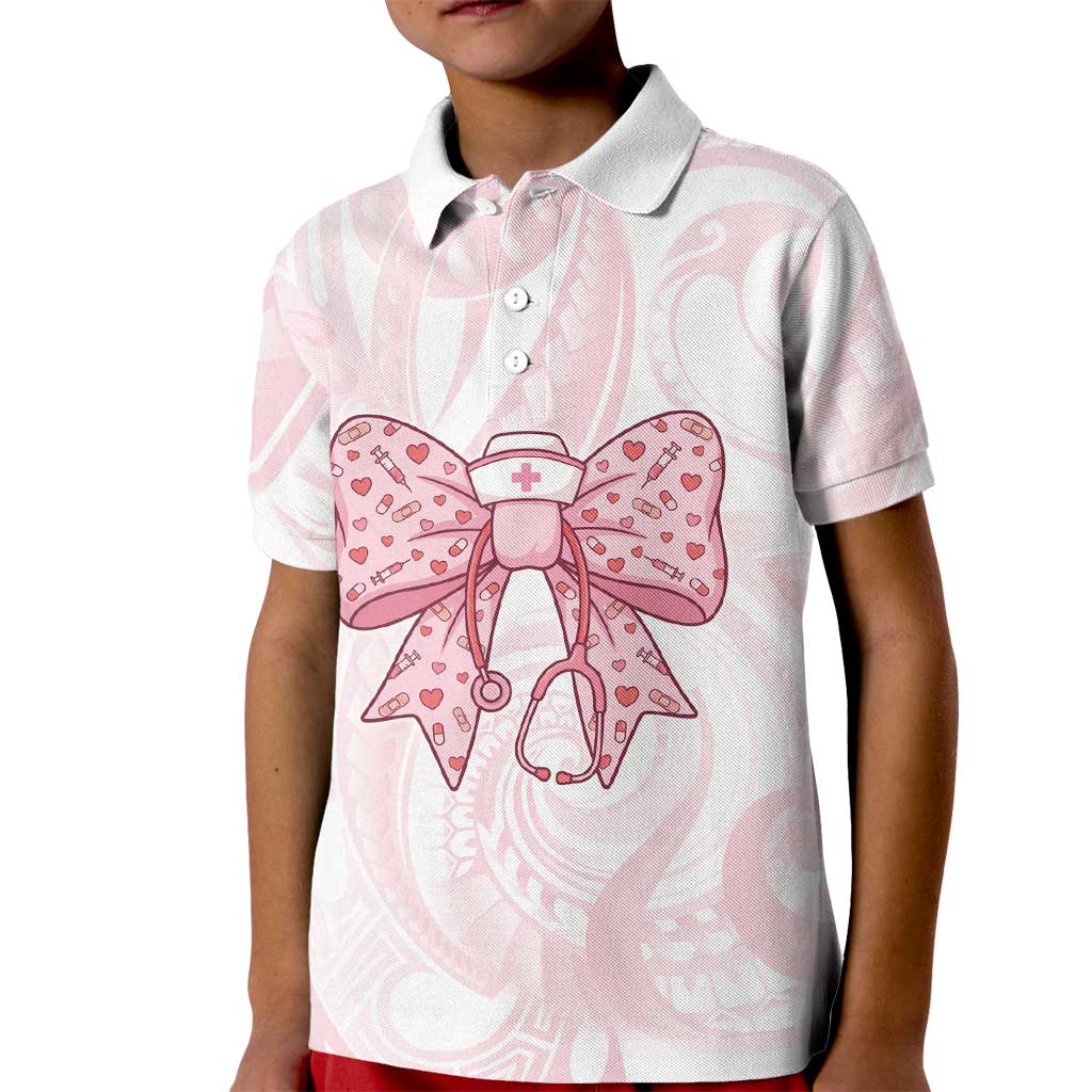 New Zealand Nurses RN Personalised Kid Polo Shirt Pink Stethoscope Coquette Bow Maori Motif LT9 Kid Pink - Polynesian Pride
