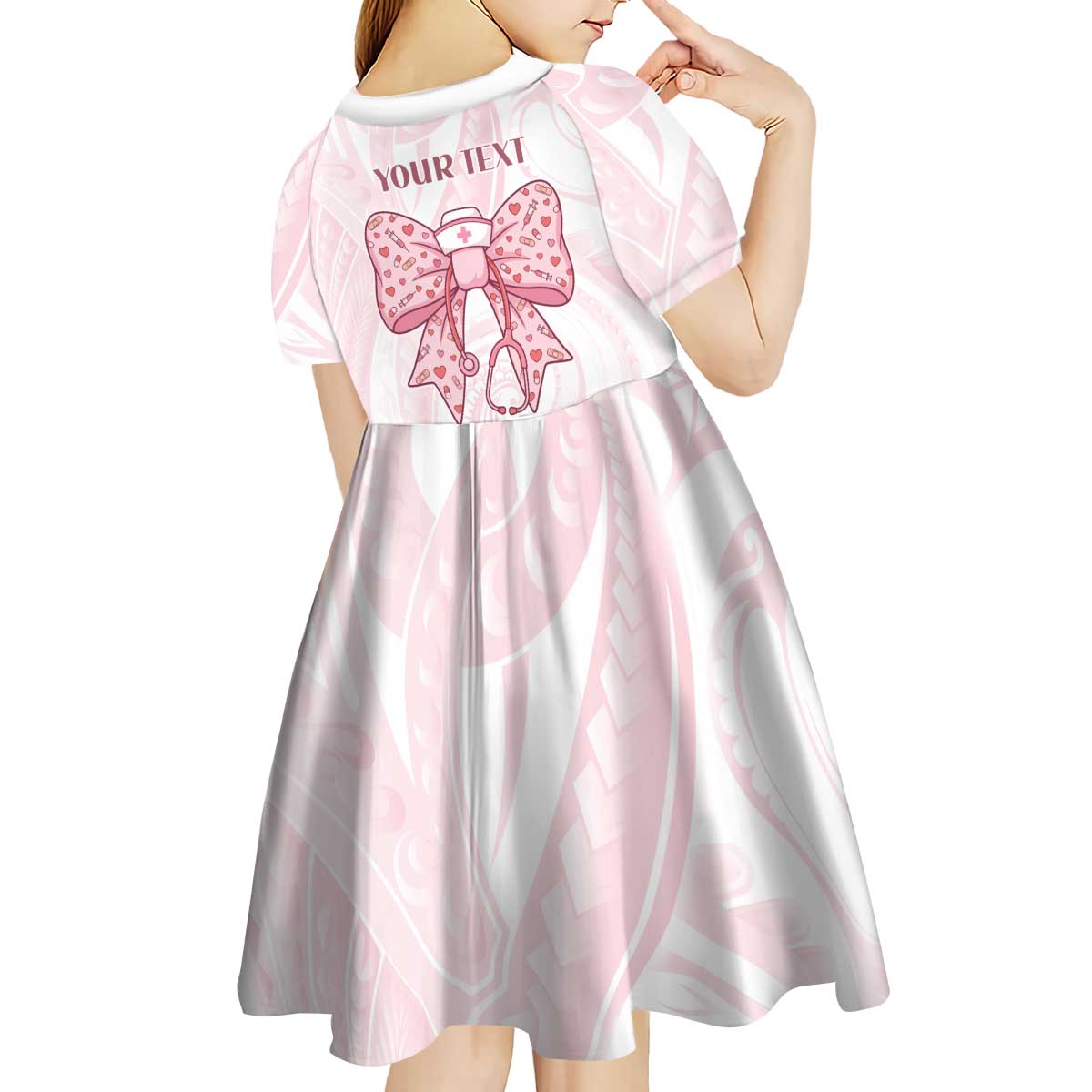 New Zealand Nurses RN Personalised Kid Short Sleeve Dress Pink Stethoscope Coquette Bow Maori Motif LT9 - Polynesian Pride