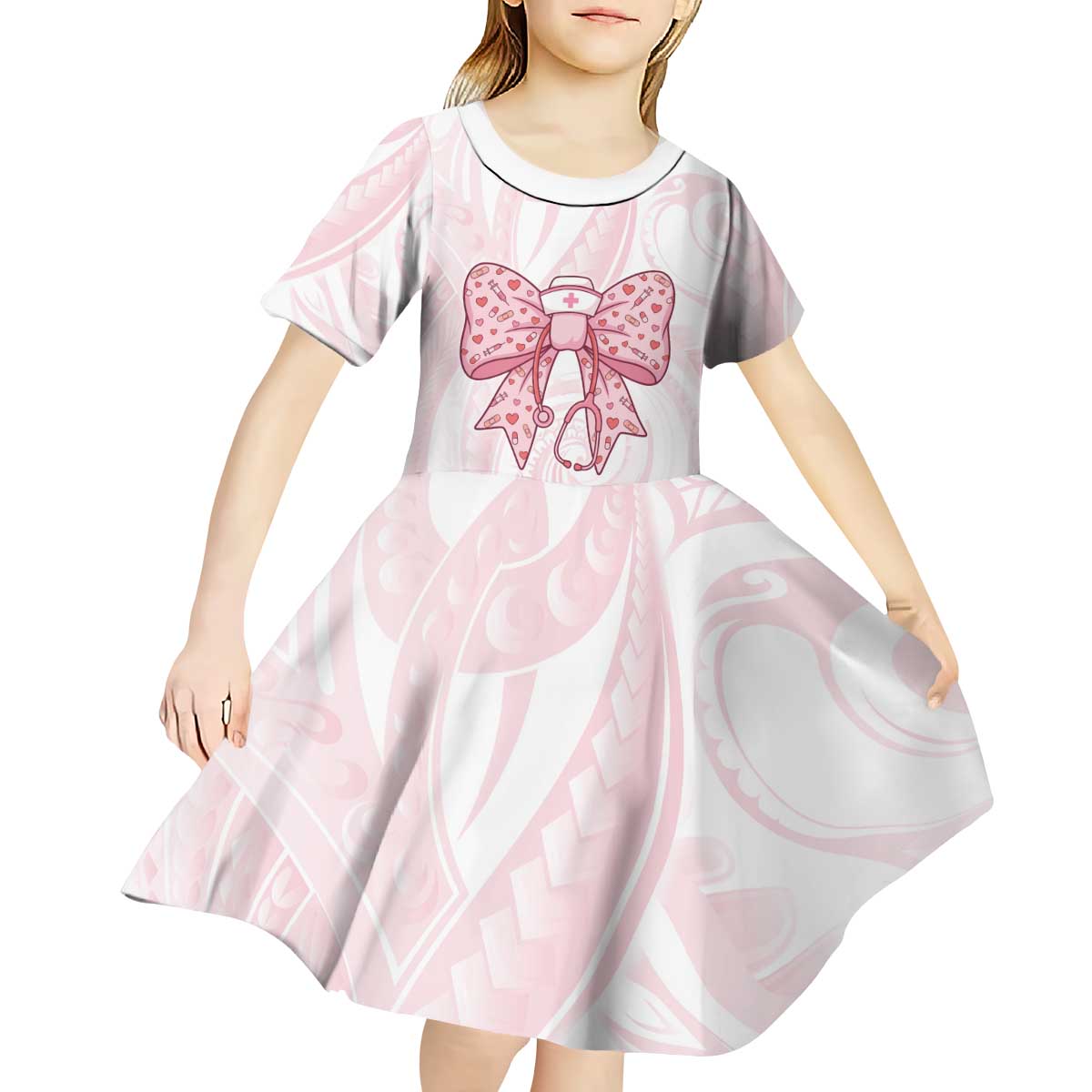New Zealand Nurses RN Personalised Kid Short Sleeve Dress Pink Stethoscope Coquette Bow Maori Motif LT9 - Polynesian Pride