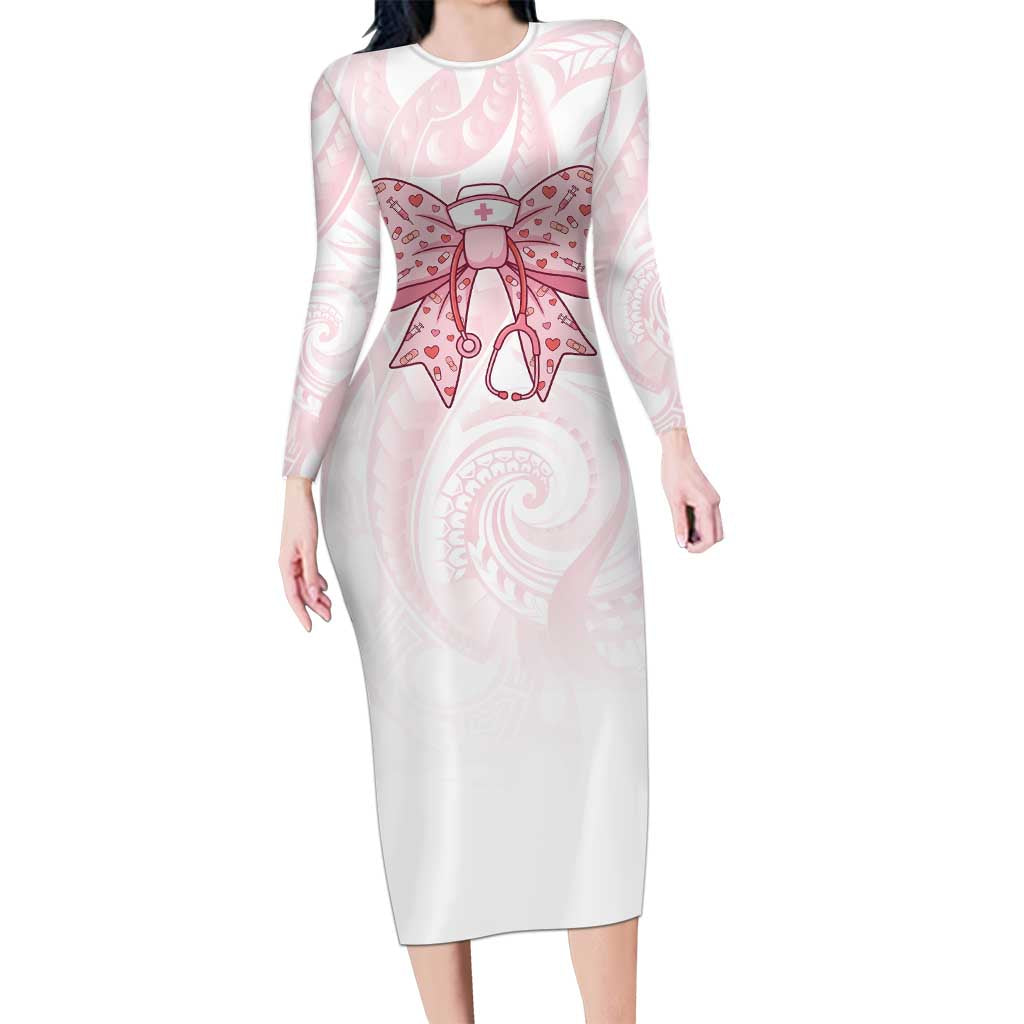 New Zealand Nurses RN Personalised Long Sleeve Bodycon Dress Pink Stethoscope Coquette Bow Maori Motif