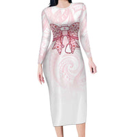 New Zealand Nurses RN Personalised Long Sleeve Bodycon Dress Pink Stethoscope Coquette Bow Maori Motif LT9 Long Dress Pink - Polynesian Pride