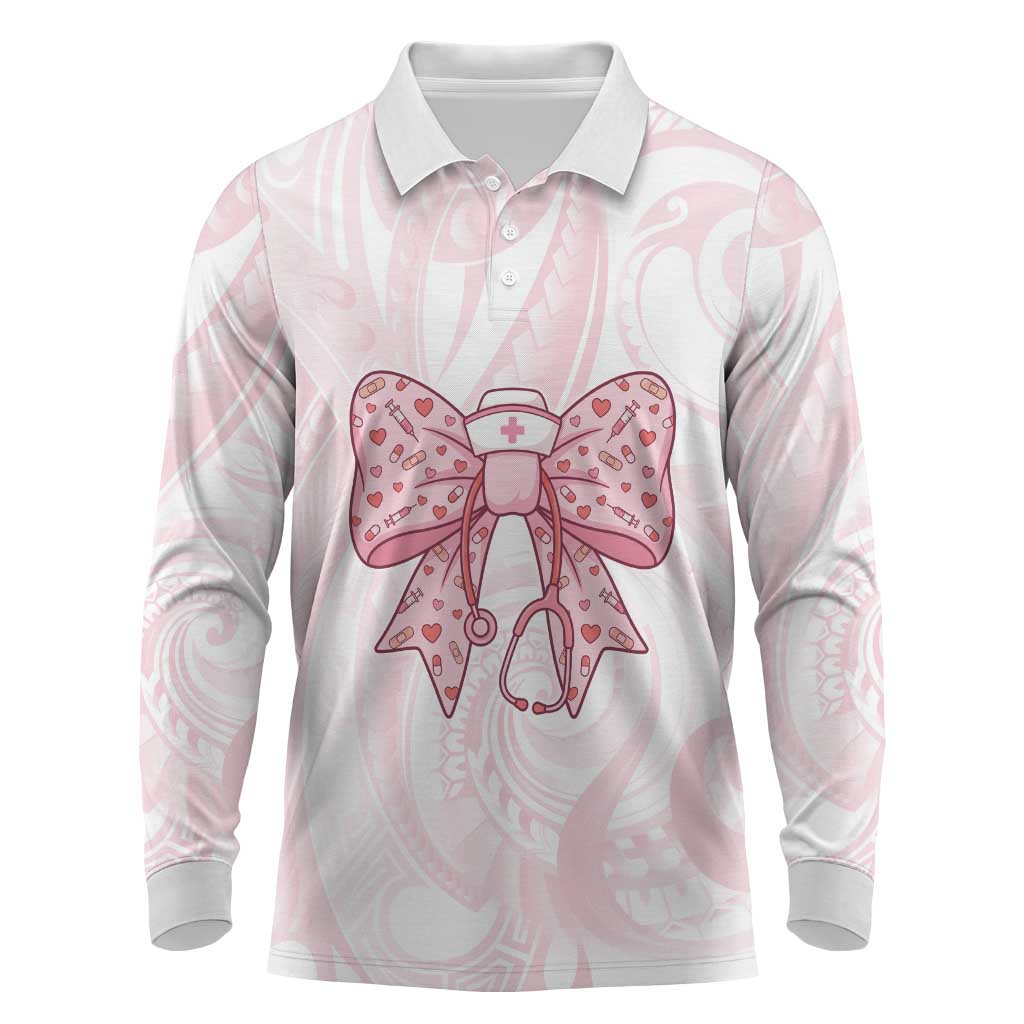 New Zealand Nurses RN Personalised Long Sleeve Polo Shirt Pink Stethoscope Coquette Bow Maori Motif LT9 Pink - Polynesian Pride