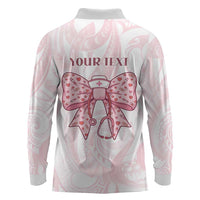 New Zealand Nurses RN Personalised Long Sleeve Polo Shirt Pink Stethoscope Coquette Bow Maori Motif LT9 - Polynesian Pride