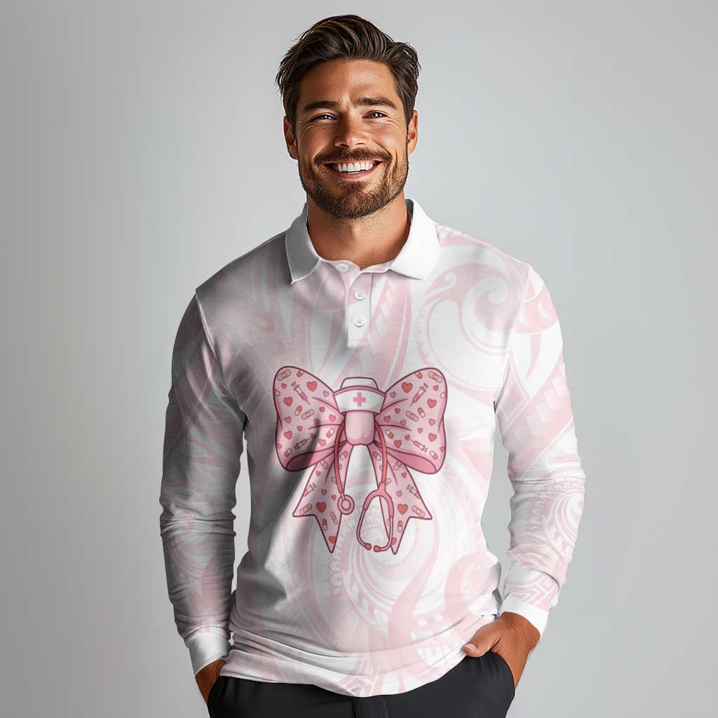 New Zealand Nurses RN Personalised Long Sleeve Polo Shirt Pink Stethoscope Coquette Bow Maori Motif LT9 - Polynesian Pride