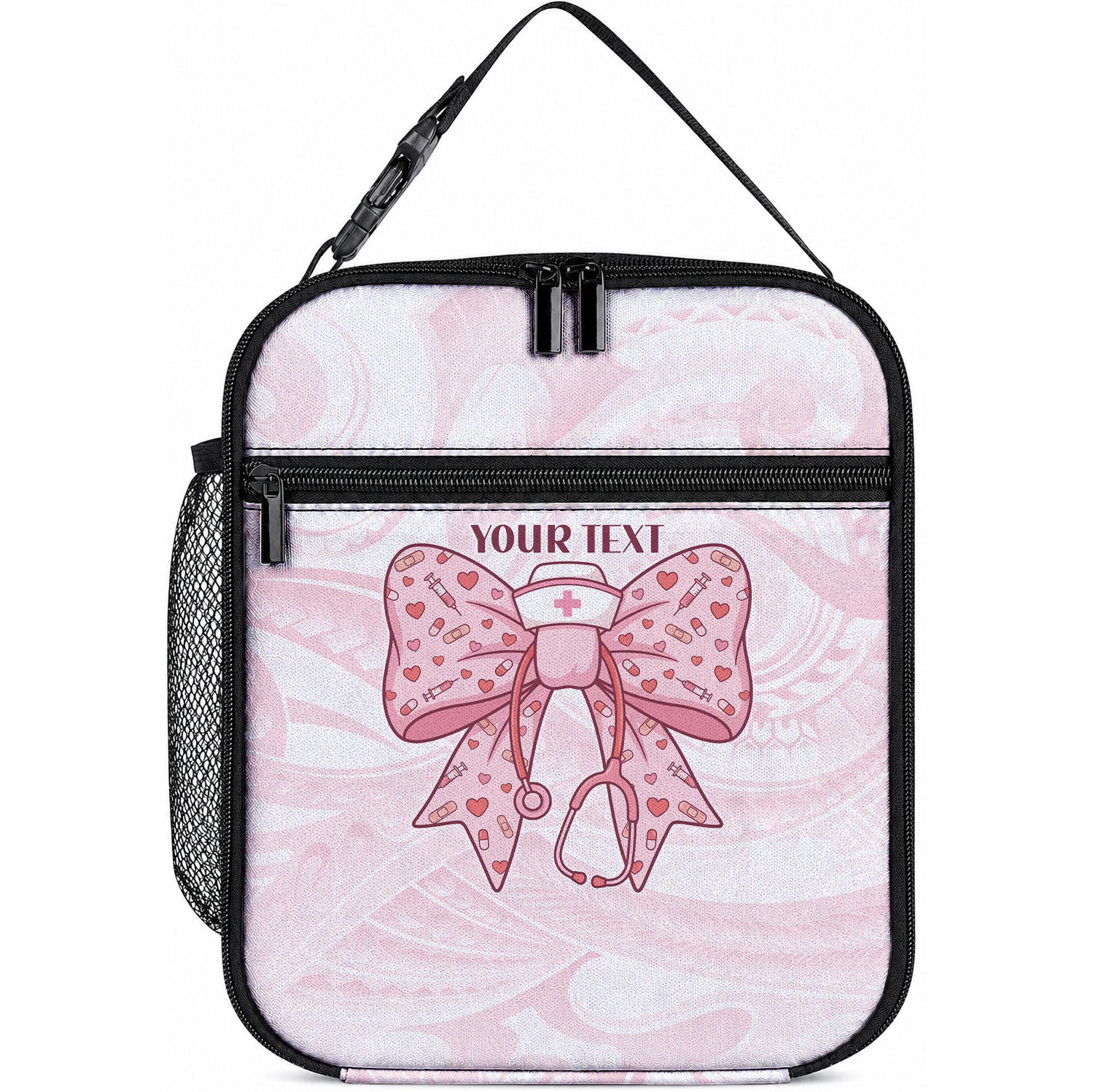 New Zealand Nurses RN Personalised Lunch Bag Pink Stethoscope Coquette Bow Maori Motif