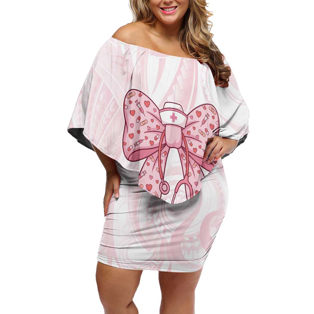 New Zealand Nurses RN Personalised Off Shoulder Short Dress Pink Stethoscope Coquette Bow Maori Motif LT9 Women Pink - Polynesian Pride
