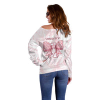 New Zealand Nurses RN Personalised Off Shoulder Sweater Pink Stethoscope Coquette Bow Maori Motif
