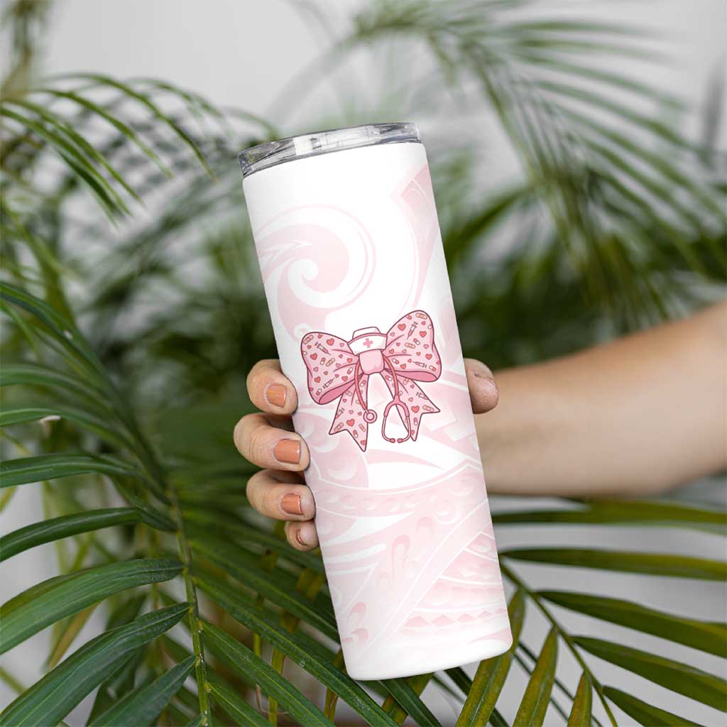 New Zealand Nurses RN Personalised Skinny Tumbler Pink Stethoscope Coquette Bow Maori Motif LT9 - Polynesian Pride