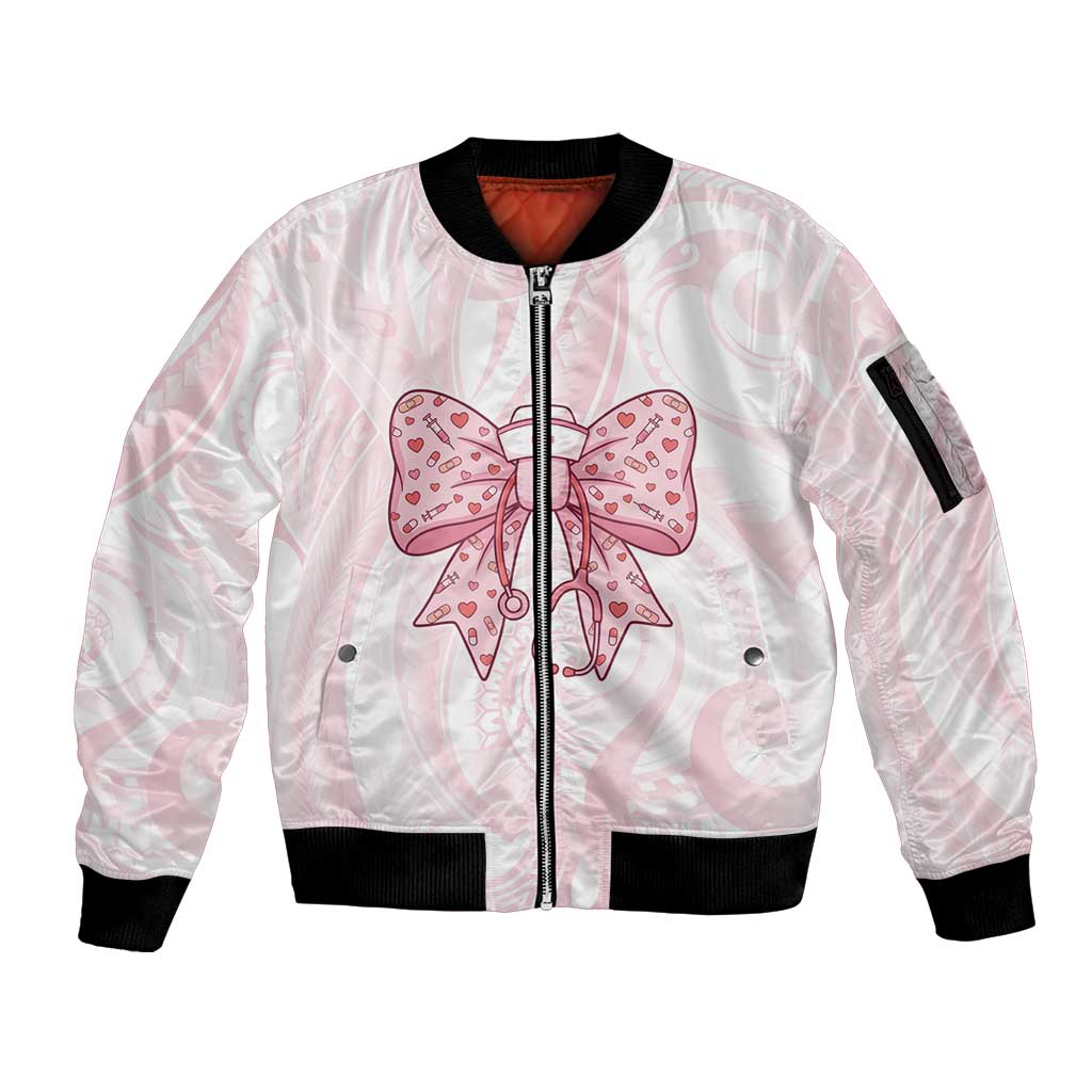 New Zealand Nurses RN Personalised Sleeve Zip Bomber Jacket Pink Stethoscope Coquette Bow Maori Motif