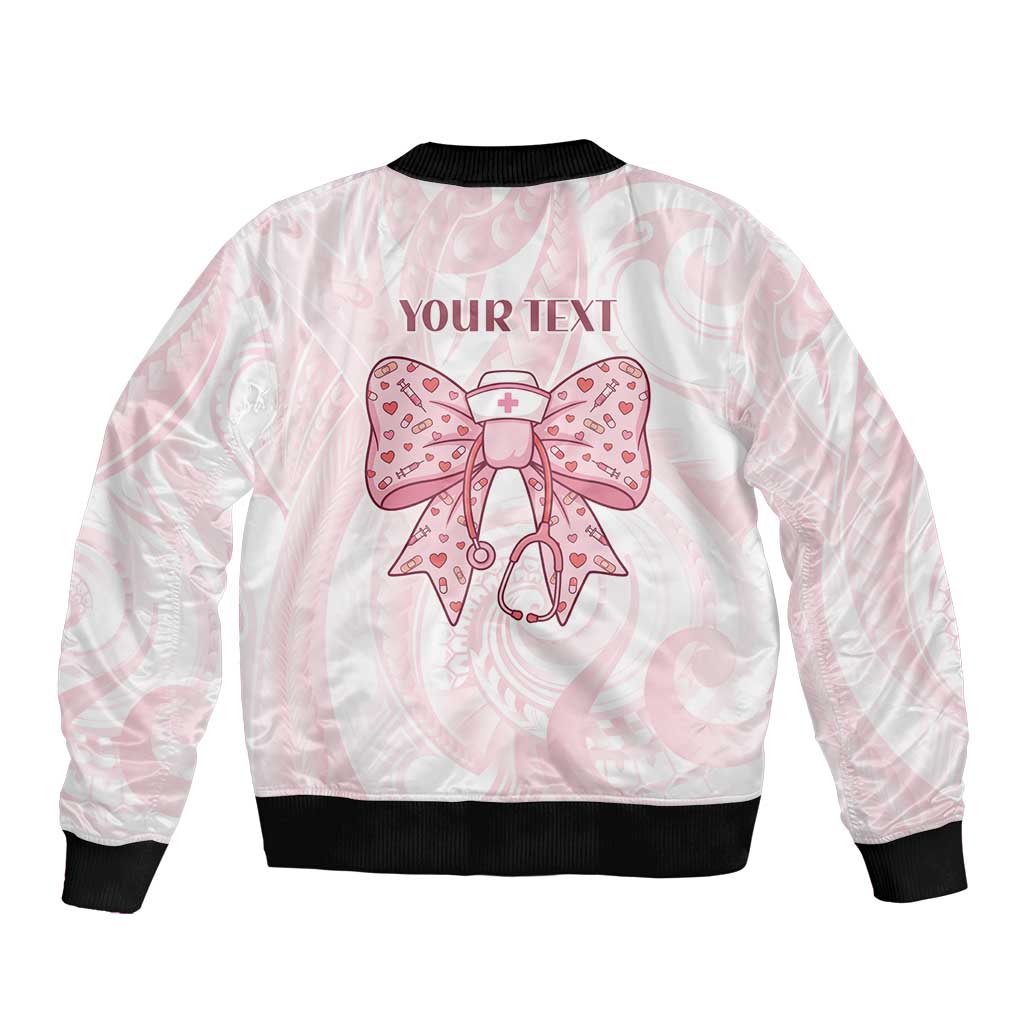 New Zealand Nurses RN Personalised Sleeve Zip Bomber Jacket Pink Stethoscope Coquette Bow Maori Motif
