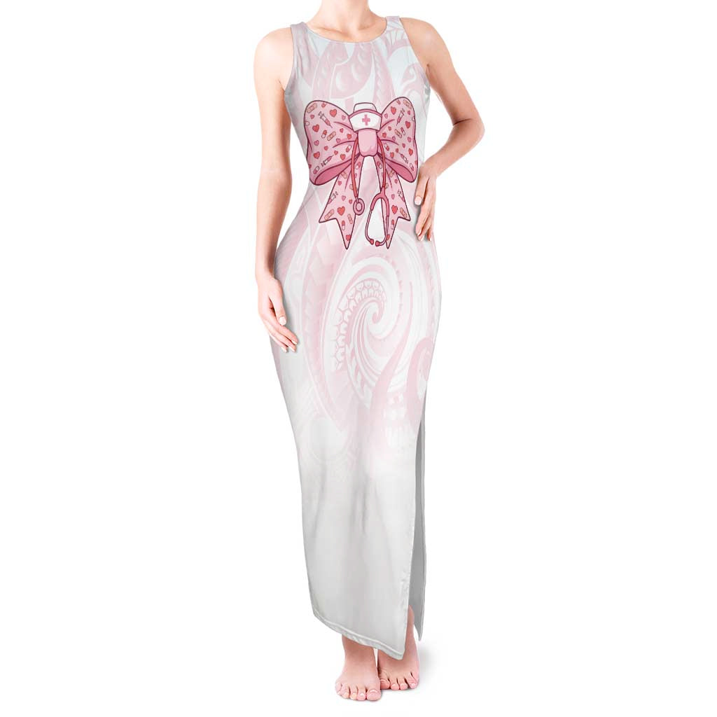 New Zealand Nurses RN Personalised Tank Maxi Dress Pink Stethoscope Coquette Bow Maori Motif LT9 Women Pink - Polynesian Pride