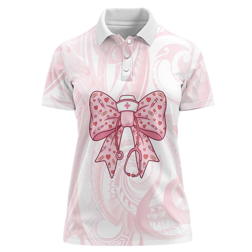 New Zealand Nurses RN Personalised Women Polo Shirt Pink Stethoscope Coquette Bow Maori Motif LT9 Female Pink - Polynesian Pride
