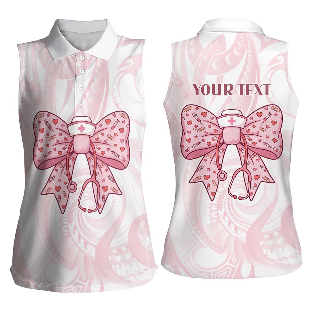 New Zealand Nurses RN Personalised Women Sleeveless Polo Shirt Pink Stethoscope Coquette Bow Maori Motif LT9 - Polynesian Pride