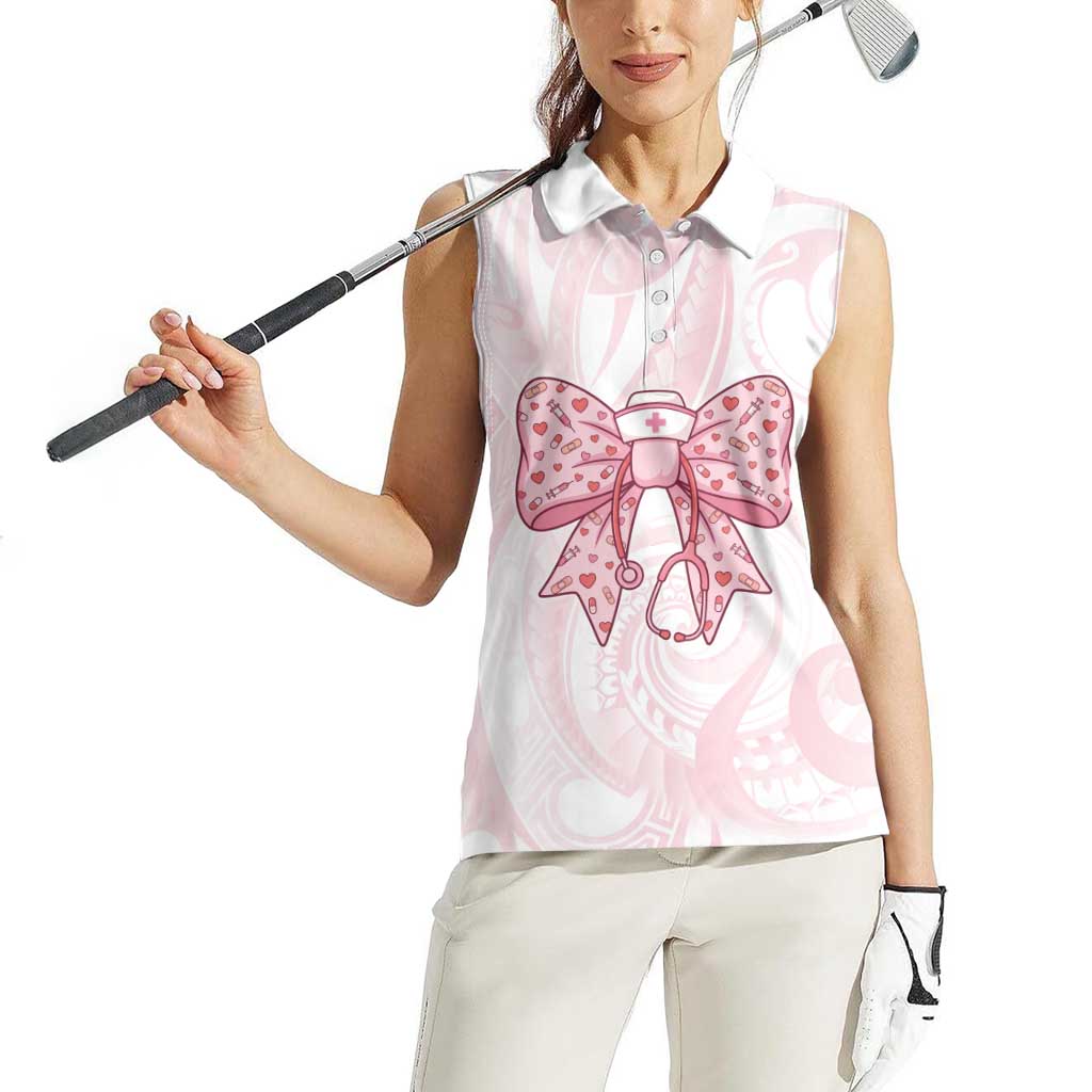 New Zealand Nurses RN Personalised Women Sleeveless Polo Shirt Pink Stethoscope Coquette Bow Maori Motif LT9 - Polynesian Pride