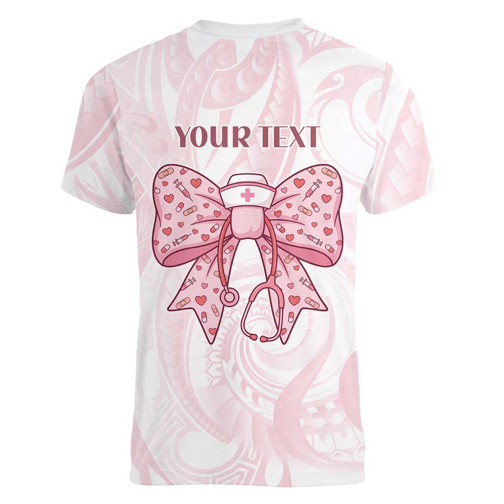 New Zealand Nurses RN Personalised Women V-Neck T-Shirt Pink Stethoscope Coquette Bow Maori Motif LT9 - Polynesian Pride