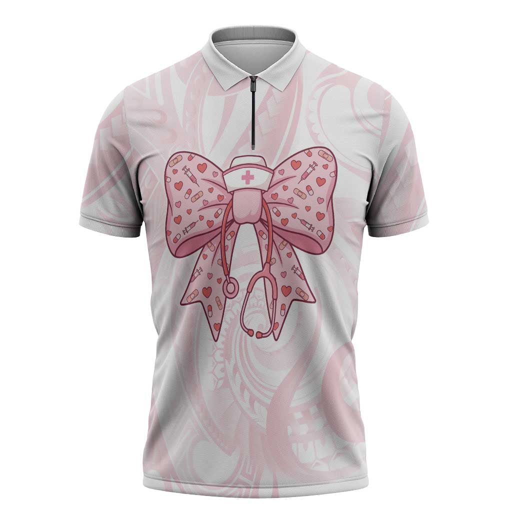 New Zealand Nurses RN Personalised Zipper Polo Shirt Pink Stethoscope Coquette Bow Maori Motif LT9 Pink - Polynesian Pride