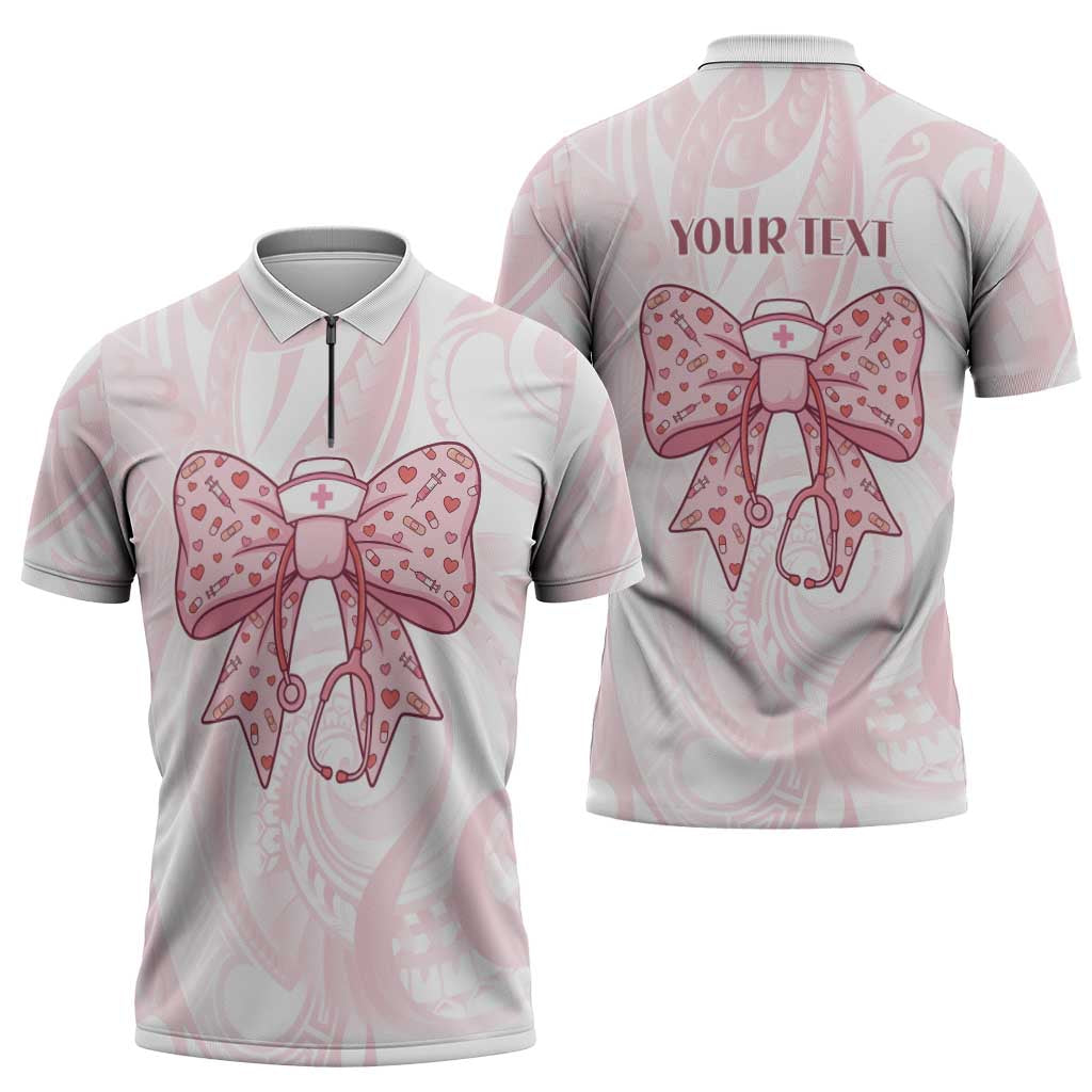 New Zealand Nurses RN Personalised Zipper Polo Shirt Pink Stethoscope Coquette Bow Maori Motif LT9 - Polynesian Pride
