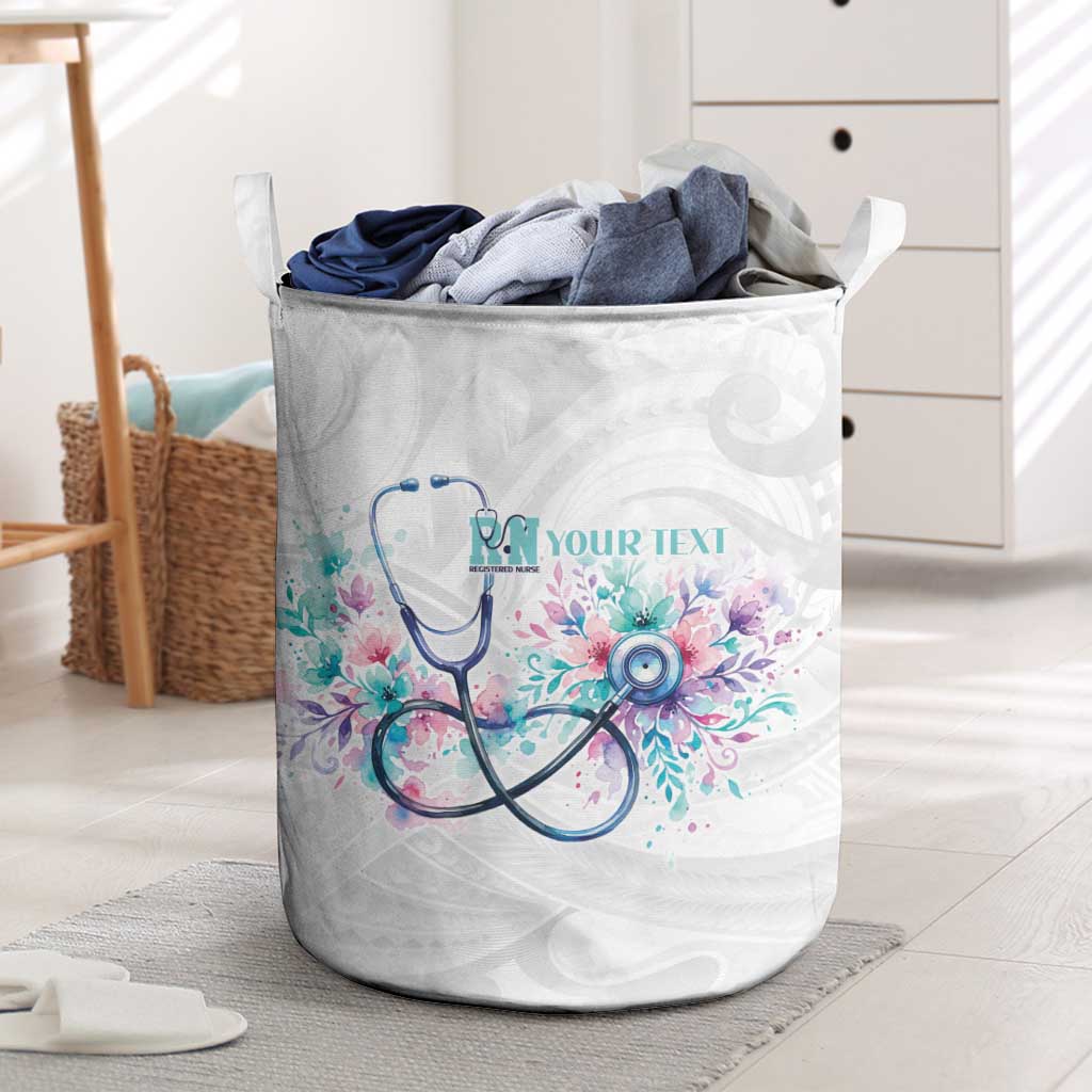 New Zealand Nurses RN Personalised Laundry Basket Stethoscope Floral Maori Motif LT9 White - Polynesian Pride