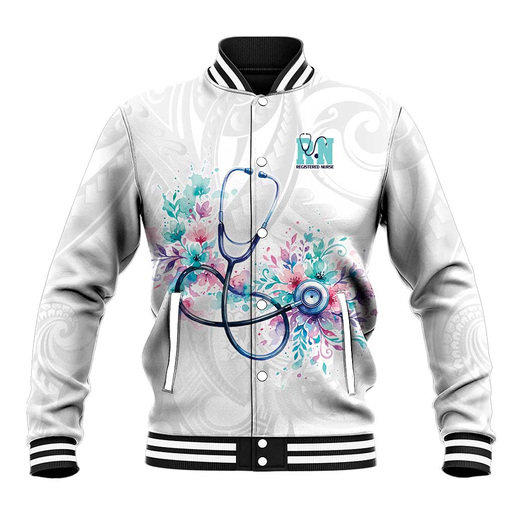New Zealand Nurses RN Personalised Baseball Jacket Stethoscope Floral Maori Motif