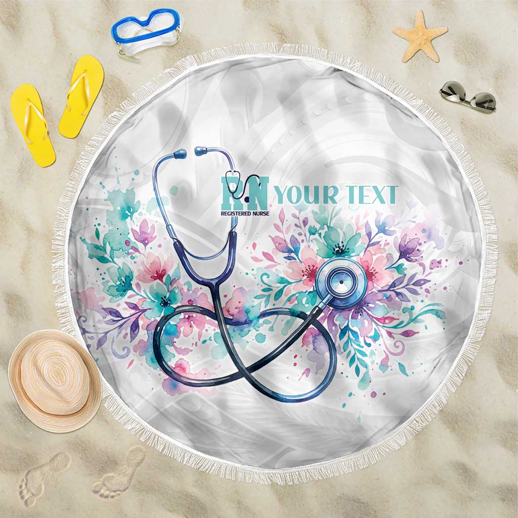 New Zealand Nurses RN Personalised Beach Blanket Stethoscope Floral Maori Motif LT9 One Size 150cm White - Polynesian Pride