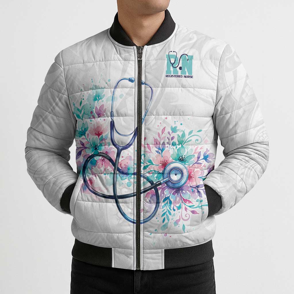 New Zealand Nurses RN Personalised Bomber Puffer Jacket Stethoscope Floral Maori Motif