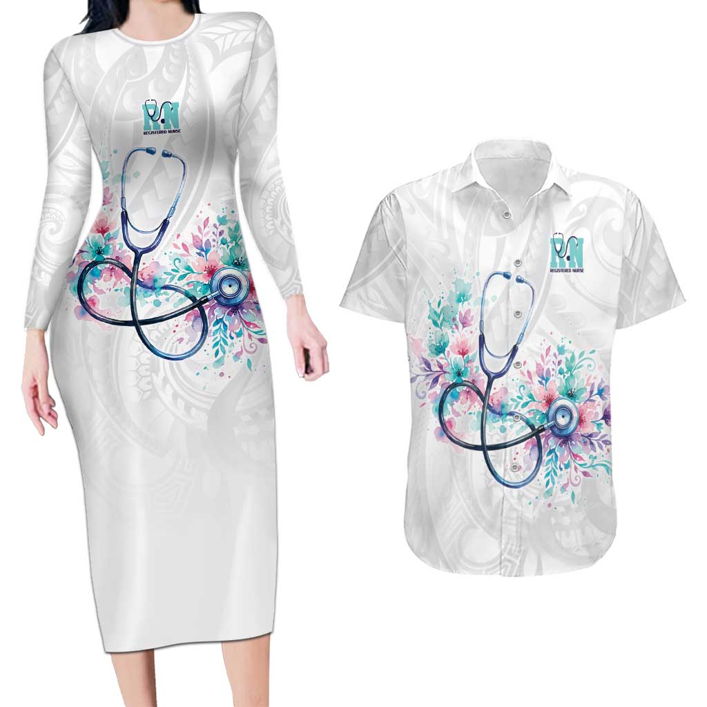 New Zealand Nurses RN Personalised Couples Matching Long Sleeve Bodycon Dress and Hawaiian Shirt Stethoscope Floral Maori Motif LT9 White - Polynesian Pride
