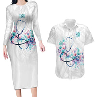 New Zealand Nurses RN Personalised Couples Matching Long Sleeve Bodycon Dress and Hawaiian Shirt Stethoscope Floral Maori Motif LT9 White - Polynesian Pride