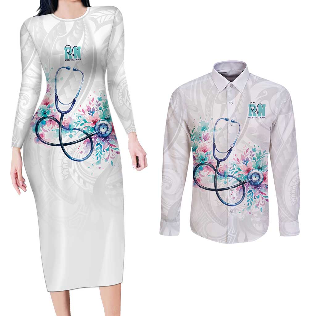 New Zealand Nurses RN Personalised Couples Matching Long Sleeve Bodycon Dress and Long Sleeve Button Shirt Stethoscope Floral Maori Motif LT9 White - Polynesian Pride