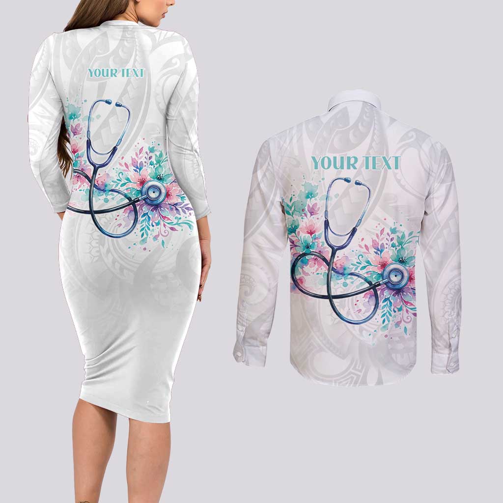New Zealand Nurses RN Personalised Couples Matching Long Sleeve Bodycon Dress and Long Sleeve Button Shirt Stethoscope Floral Maori Motif LT9 - Polynesian Pride