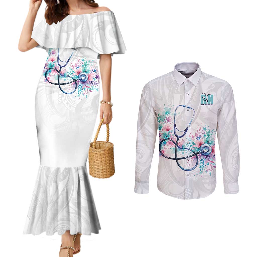 New Zealand Nurses RN Personalised Couples Matching Mermaid Dress and Long Sleeve Button Shirt Stethoscope Floral Maori Motif LT9 White - Polynesian Pride