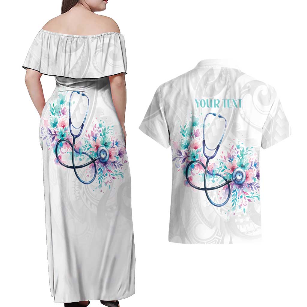 New Zealand Nurses RN Personalised Couples Matching Off Shoulder Maxi Dress and Hawaiian Shirt Stethoscope Floral Maori Motif LT9 - Polynesian Pride