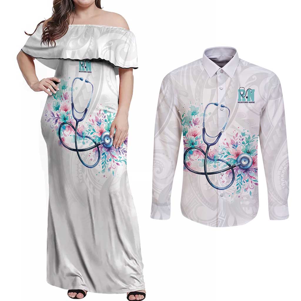 New Zealand Nurses RN Personalised Couples Matching Off Shoulder Maxi Dress and Long Sleeve Button Shirt Stethoscope Floral Maori Motif LT9 White - Polynesian Pride
