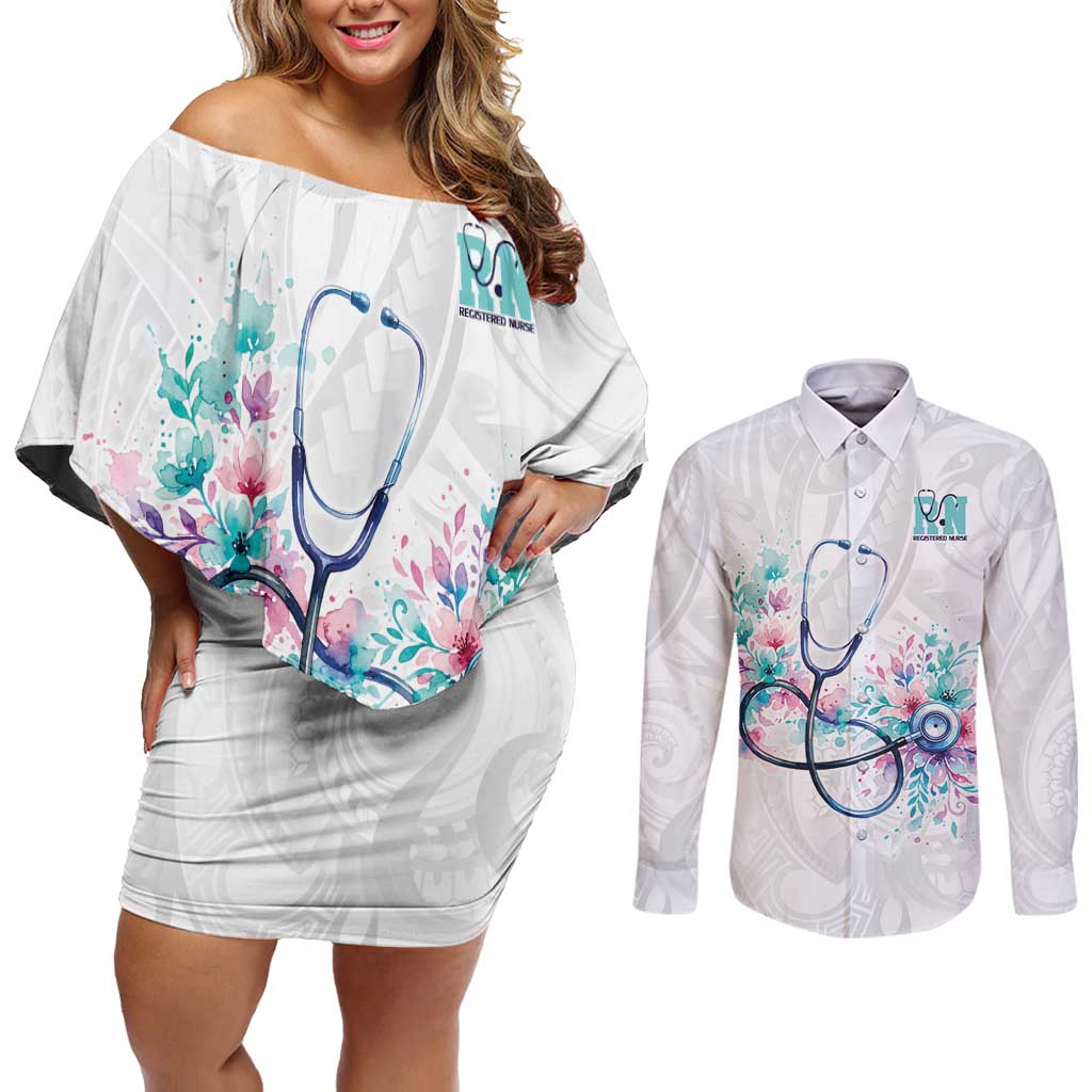 New Zealand Nurses RN Personalised Couples Matching Off Shoulder Short Dress and Long Sleeve Button Shirt Stethoscope Floral Maori Motif LT9 White - Polynesian Pride