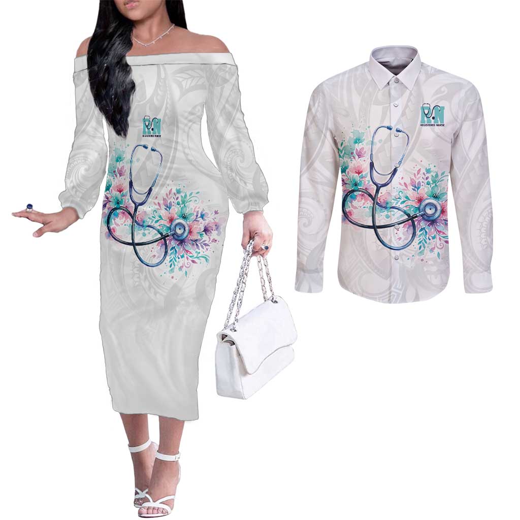 New Zealand Nurses RN Personalised Couples Matching Off The Shoulder Long Sleeve Dress and Long Sleeve Button Shirt Stethoscope Floral Maori Motif LT9 White - Polynesian Pride