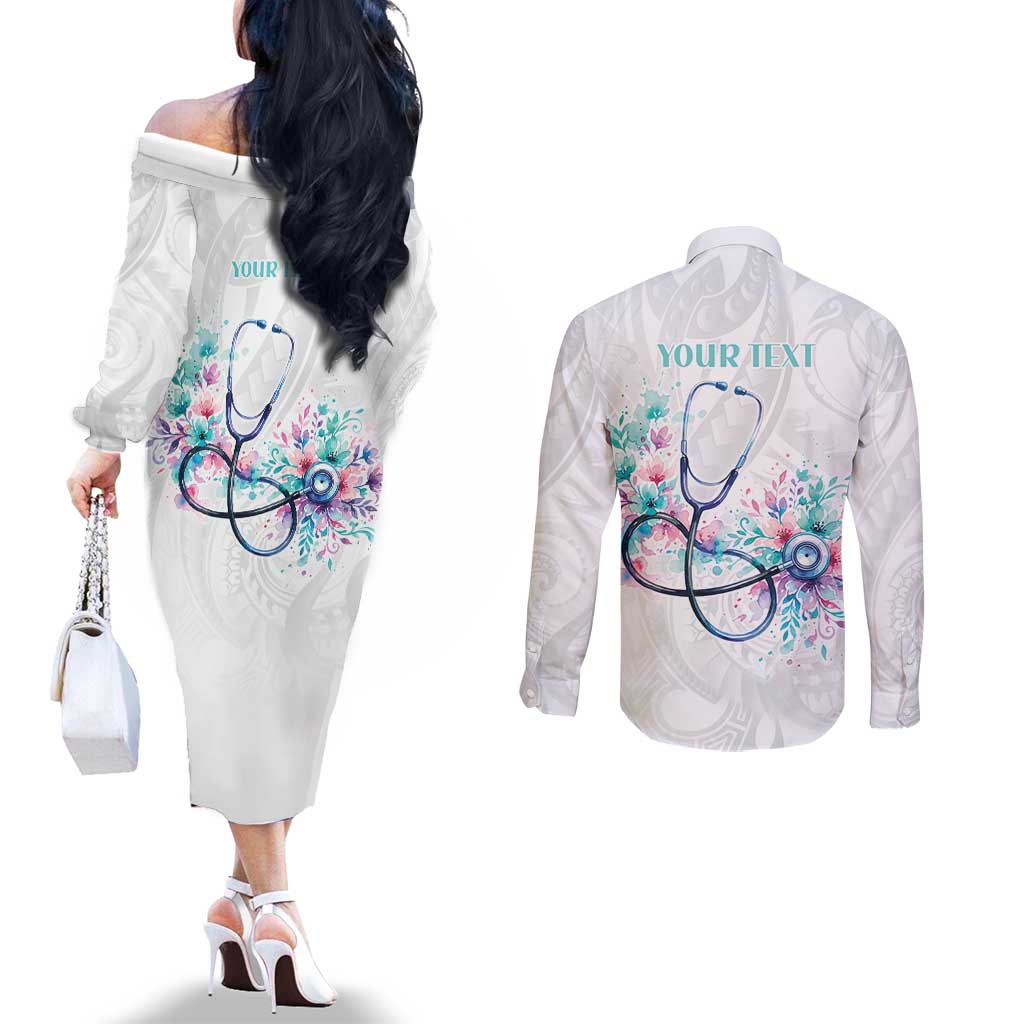 New Zealand Nurses RN Personalised Couples Matching Off The Shoulder Long Sleeve Dress and Long Sleeve Button Shirt Stethoscope Floral Maori Motif LT9 - Polynesian Pride
