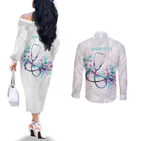 New Zealand Nurses RN Personalised Couples Matching Off The Shoulder Long Sleeve Dress and Long Sleeve Button Shirt Stethoscope Floral Maori Motif LT9 - Polynesian Pride