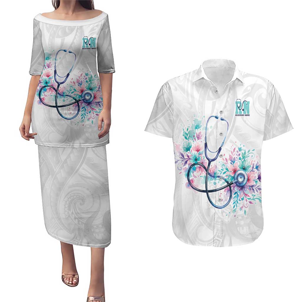 New Zealand Nurses RN Personalised Couples Matching Puletasi and Hawaiian Shirt Stethoscope Floral Maori Motif LT9 White - Polynesian Pride