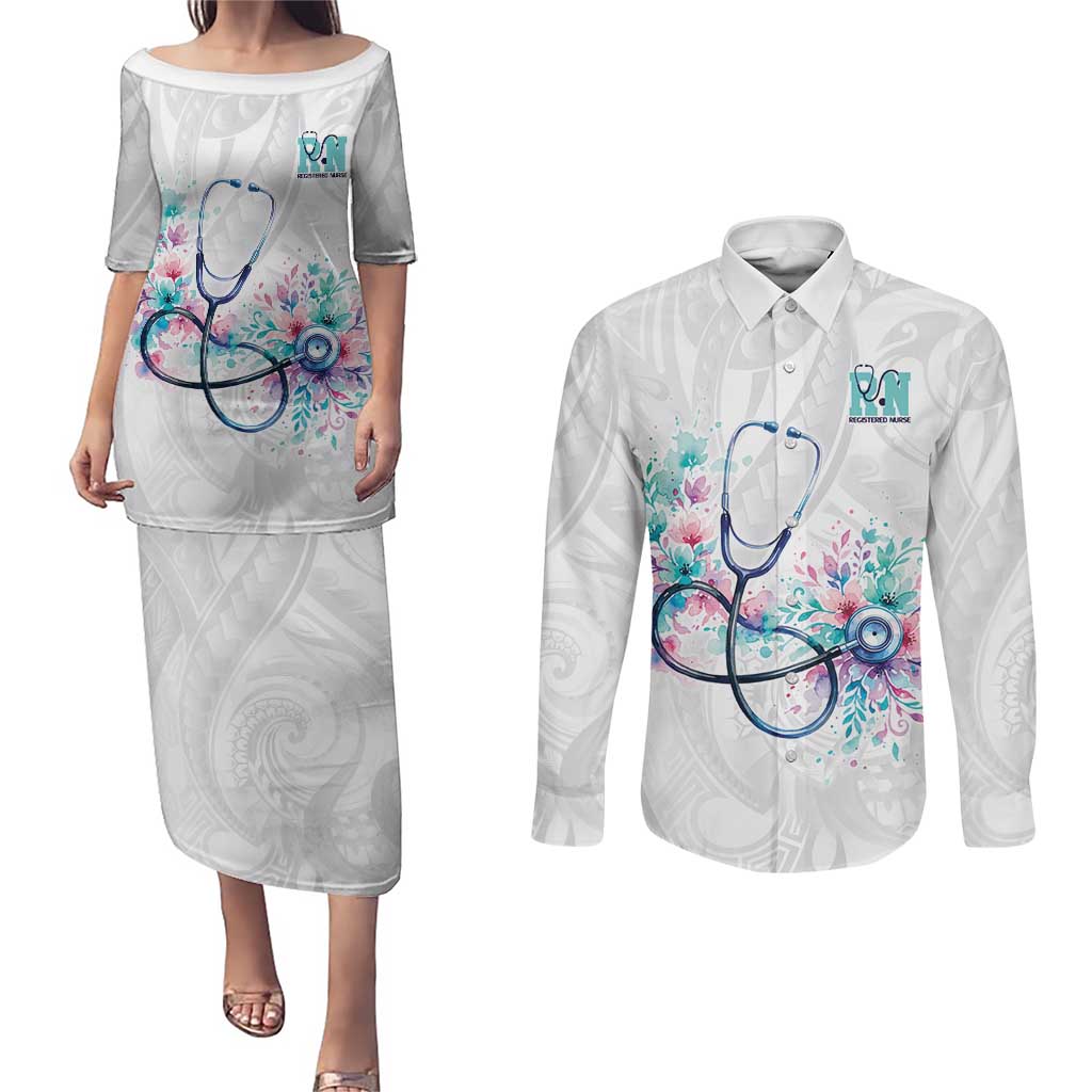 New Zealand Nurses RN Personalised Couples Matching Puletasi and Long Sleeve Button Shirt Stethoscope Floral Maori Motif LT9 White - Polynesian Pride