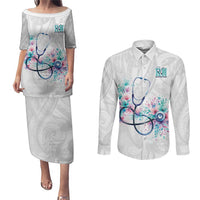 New Zealand Nurses RN Personalised Couples Matching Puletasi and Long Sleeve Button Shirt Stethoscope Floral Maori Motif LT9 White - Polynesian Pride