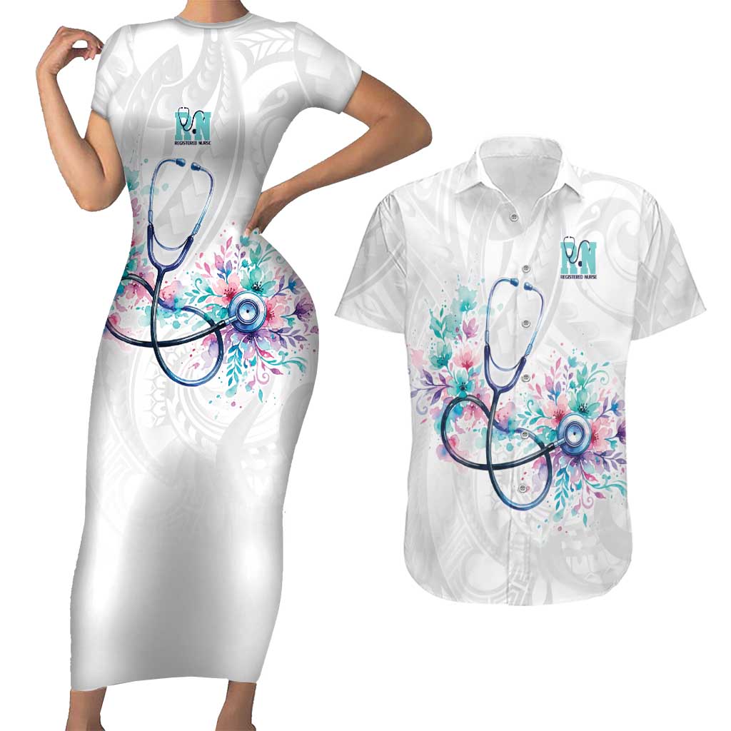 New Zealand Nurses RN Personalised Couples Matching Short Sleeve Bodycon Dress and Hawaiian Shirt Stethoscope Floral Maori Motif LT9 White - Polynesian Pride
