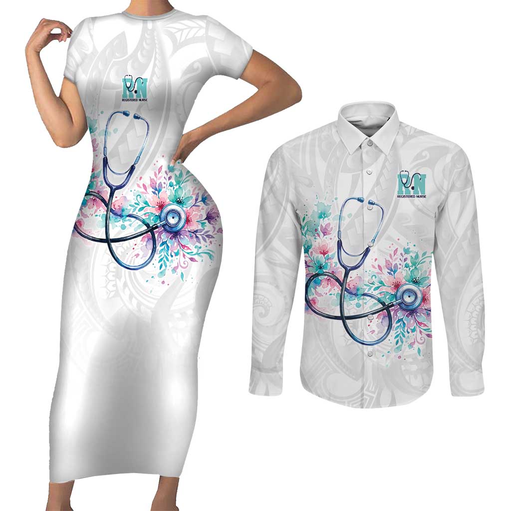New Zealand Nurses RN Personalised Couples Matching Short Sleeve Bodycon Dress and Long Sleeve Button Shirt Stethoscope Floral Maori Motif LT9 White - Polynesian Pride