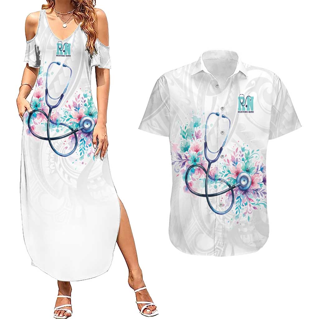New Zealand Nurses RN Personalised Couples Matching Summer Maxi Dress and Hawaiian Shirt Stethoscope Floral Maori Motif LT9 White - Polynesian Pride