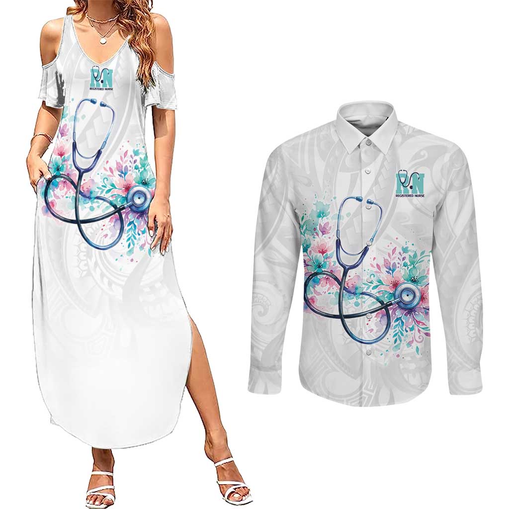 New Zealand Nurses RN Personalised Couples Matching Summer Maxi Dress and Long Sleeve Button Shirt Stethoscope Floral Maori Motif LT9 White - Polynesian Pride